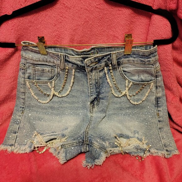 3 pc set - Jean Halter Top - Jean Shorts - White Top - Totally BLINGED OUT!  SM - Picture 4 of 7